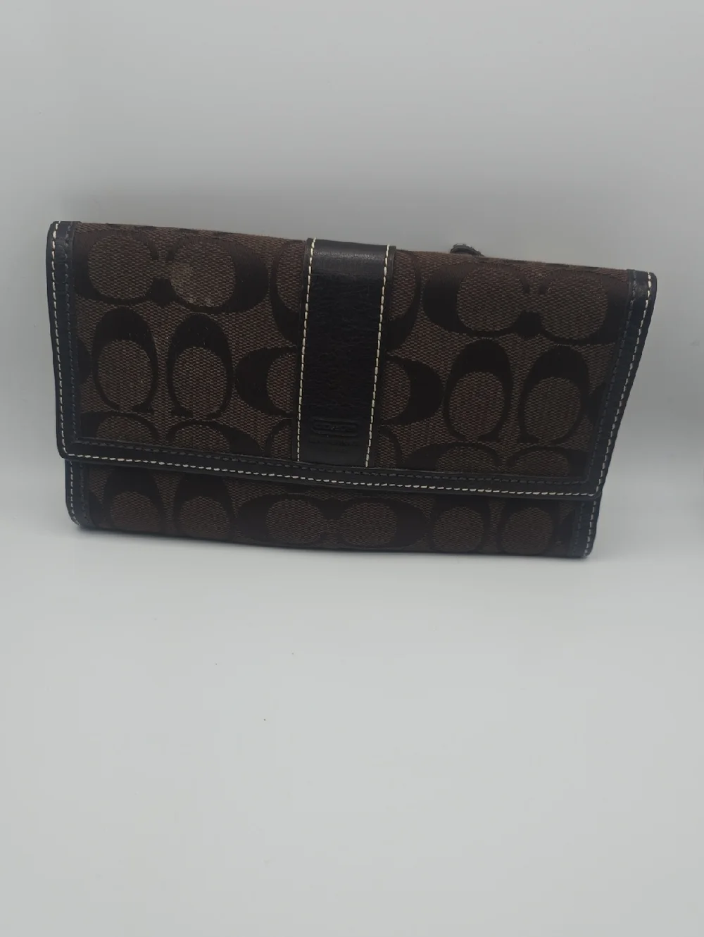 Coach Dark Brown Signature Mono Stitched Black Trim Long Snap Wallet (EUC)🖤
